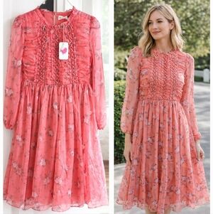 NEW L’Atiste Pink Floral Long Sleeve Chiffon Midi Dress Cottagecore Size L NWT